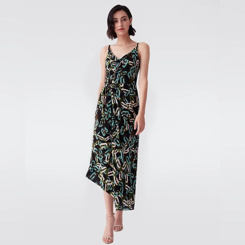 Diane von Furstenberg Size XS Matte Jersey Chain Print Dress Green Blue Pink New